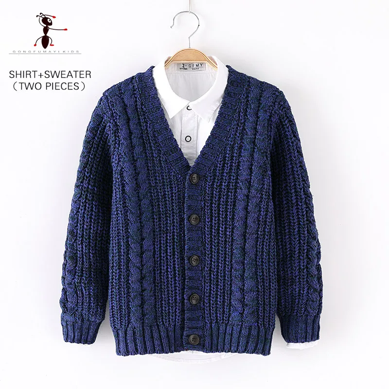 

2018 Kung Fu Ant Autumn White Boys Shirts And Casual Boys Sweaters for 3T-12T Boys V-neck Cotton Knitted 2Pc Kids Clothes