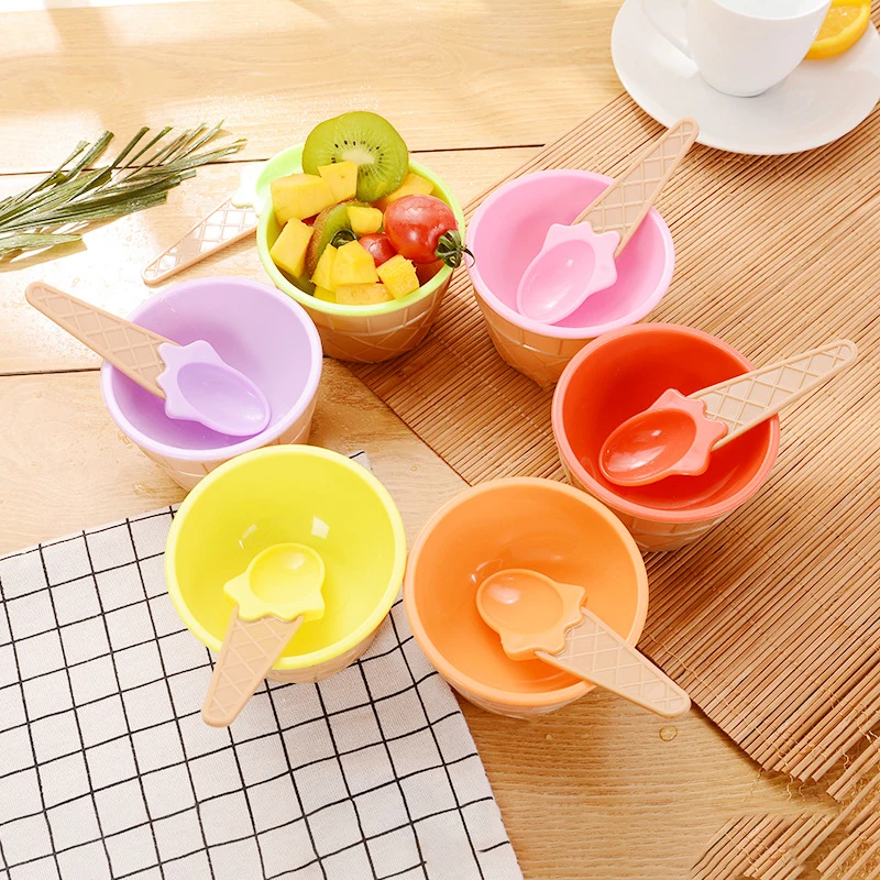 Lovely Dessert Bowl Children's Plastic Ice Cream Bowls Spoons Set
