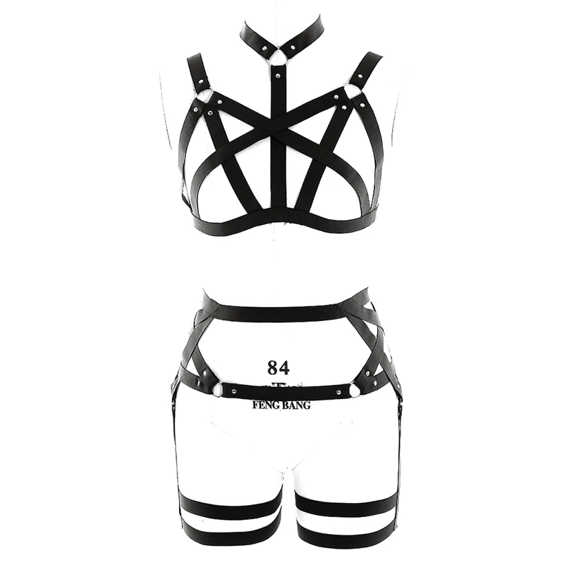 Women Cut Out Black Full Body Harness Bondage Body Caged Bra Sexy Lingerie Gothic Dance Halloween Tops Pentagram Garter Belt Set Women Cut Out Black Full Body Harness Bondage Body Caged Bra Sexy Lingerie Gothic Dance Halloween Tops Pentagram Garter Belt Set