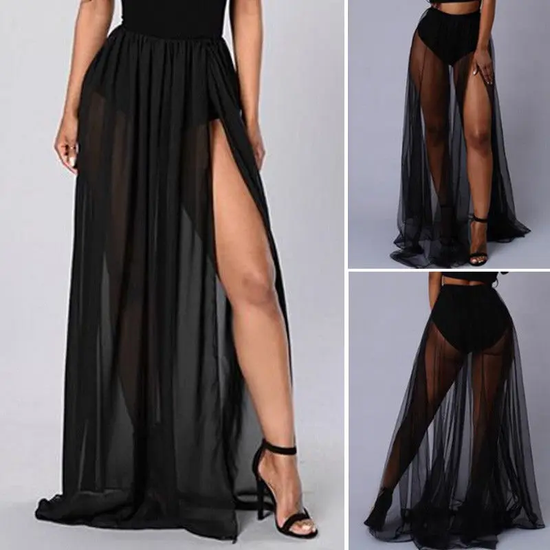 

Sexy Fashion Women Ladies Side Split Mesh Skirt See-through Beach Long Floor-Length Maxi Skirts Black
