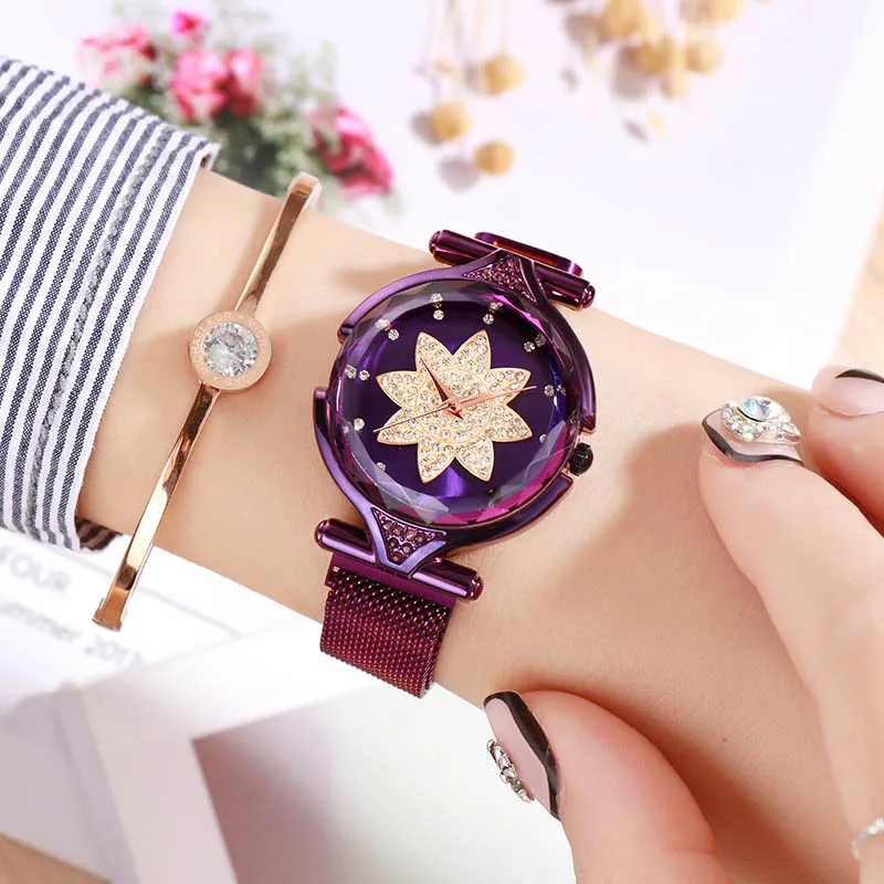 GEDI женские кварцевые часы женские модные повседневные хрустальные цветы Dail Mesh женское из нержавеющей стали женские наручные часы reloj mujer - Цвет: Purple