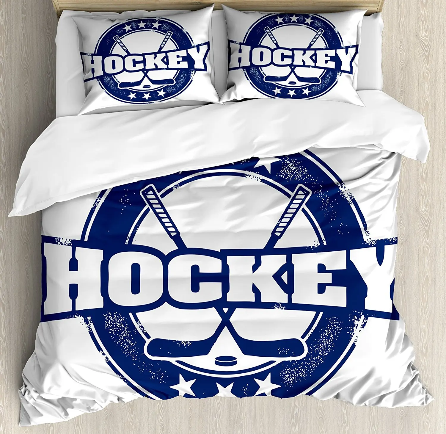 

Hockey Duvet Cover Set Weathered Looking Vintage Stamp Composition Text Sticks and Stars in Circle 4 Piece Bedding Set