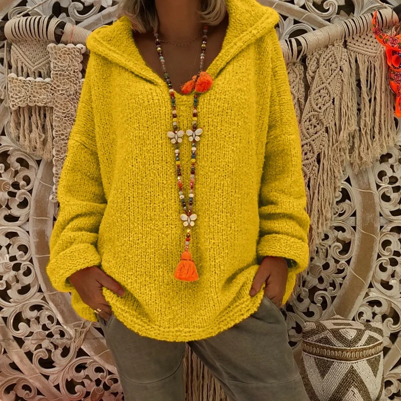 

New Autumn Winter Women V-neck Loose Hooded Sweater Tops Long Sleeve Warm Casual Solid Color Pullovers Sweater Loose Pull Femme