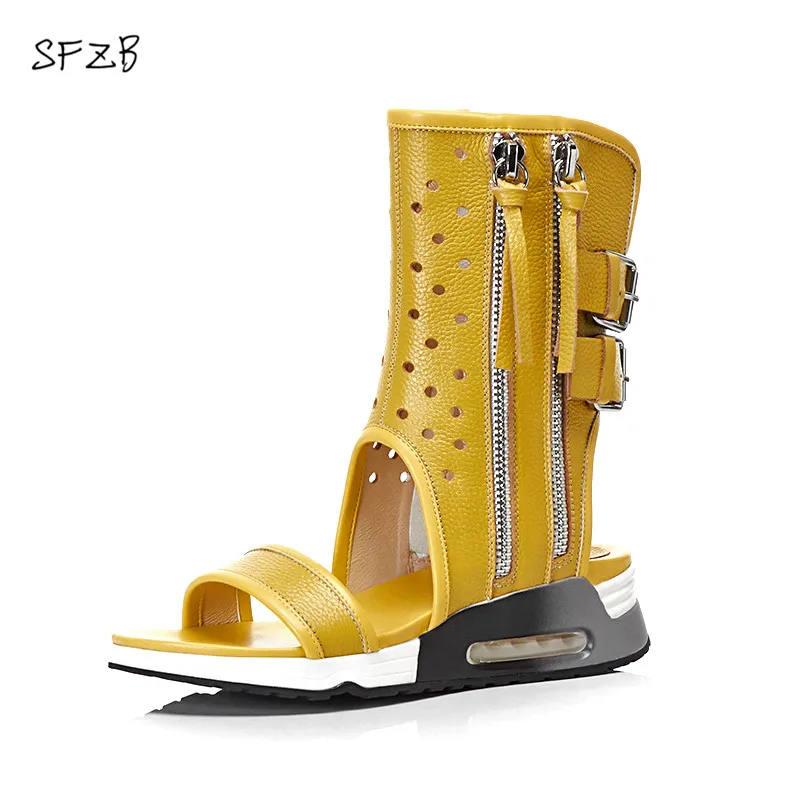 

SFZB genuine leather Women zipper wedges Heels boots Summer Boots Fashion Black white yellow Lady Shoes