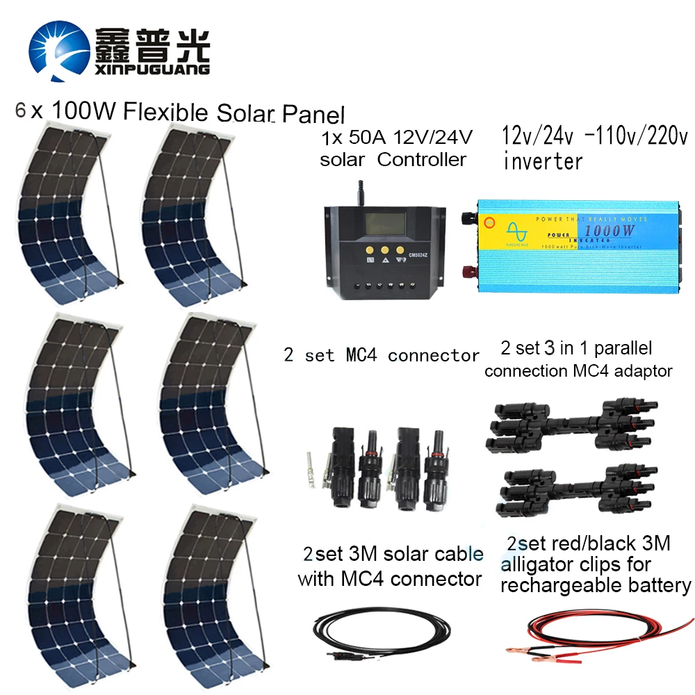 XINPUGUANG 600 Вт комплект системы 100 Вт Гибкая солнечная панель 1000 Вт Инвертор 12 В/24 В 50A контроллер MC4 разъем аккумулятор на солнечной батареи