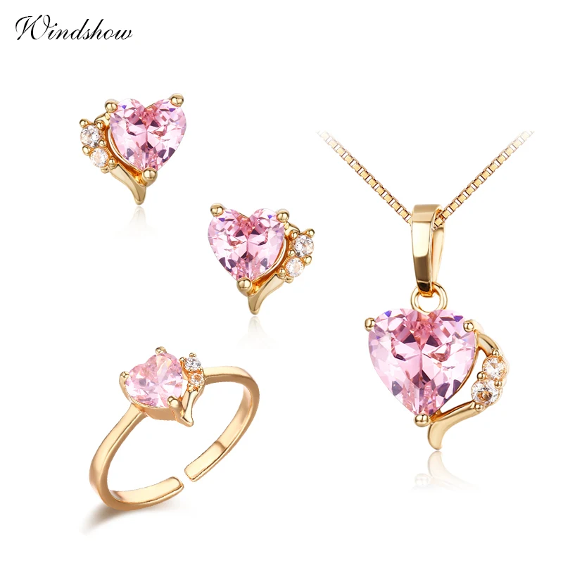 

6Colors Cute Peach Heart CZ Yellow Gold Color Pendant Necklace Stud Earrings Ring Small Jewelry Sets for Women Girls Kids Child