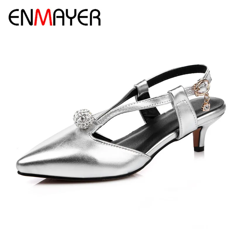 

ENMAYER Fashion Low Heels Sandals Women Pumps Elegant Rhinestone Pionted Toe Buckle Sandals Plus Size Gold Silver Red Pink
