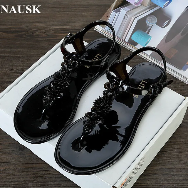 NAUSK 2018 handmade flowers plastic sandals women summer t buckle antiskid holiday beach shoes