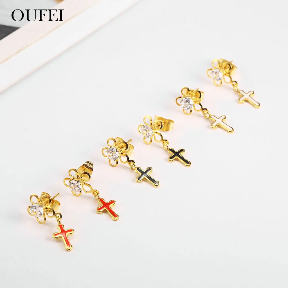 OUFEI крест очаровательные гвоздики серьги для Для женщин Нержавеющая сталь украшений женщина Vogue ювелирные аксессуары много bulk