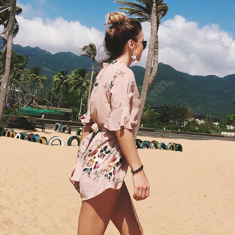 Summer Casual Sexy Lady Backless Elastic Waist Print Mini Romper overall Jumpsuit 2018 Women pleated Overalls Playsuit Jumpsuit