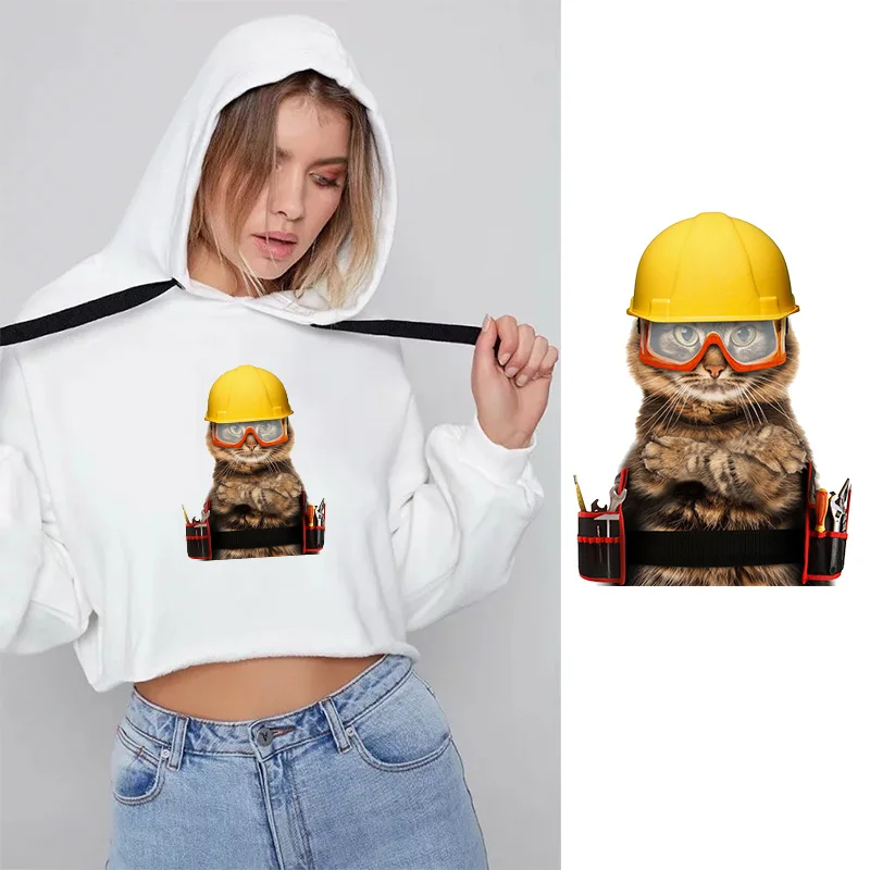 

Cat Fireman Ironing on Heat Transfer Printed Patches Stickers for Clothes T-shirts Washable DIY Animal Patches Badge Appliques