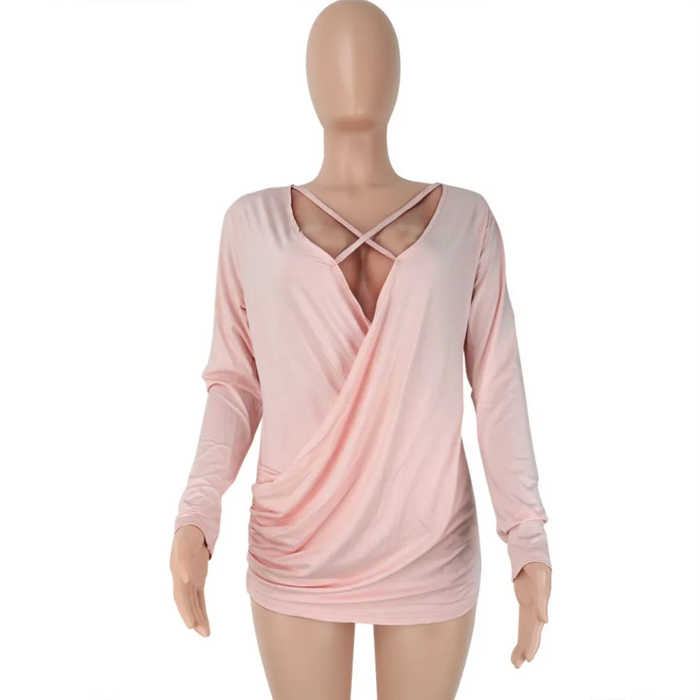 2017 Дамской одежды Тройник Полные Рукава Креста V шея Sexy Casual Tee|casual tee|fashion teesv neck |