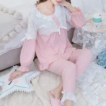 

Maternity Pajamas Nursing Nightwear Fashion Lace Cotton Pregnancy Clothes Breastfeeding Sleepwear Nightdress Homewear Set A198