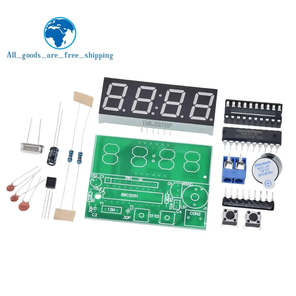 

TZT AT89C2051 Digital LED Display 4 Bits Electronic Clock Electronic Production Suite DIY Kit 0.56 Inch Red Two Alarm