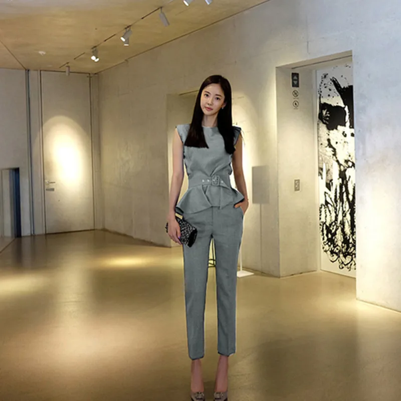 

2019 summer new fashion Women's Chiffon Two pieces of lotus leaf casual slim O-Neck Patchwork Large yards wide leg pants suit