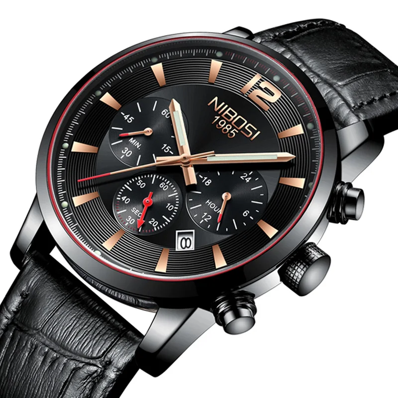 

NIBOSI Watch High Quality Man Watches Luxury Leather Strap Chronograph Waterproof Top Brand Man Watches Mens Watches Military
