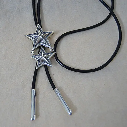 

Starfield S925 Sterling Silver Retro Thai Silver Five-pointed Star Pendant Black Leather Necklace Long Sweater Chain Male Female