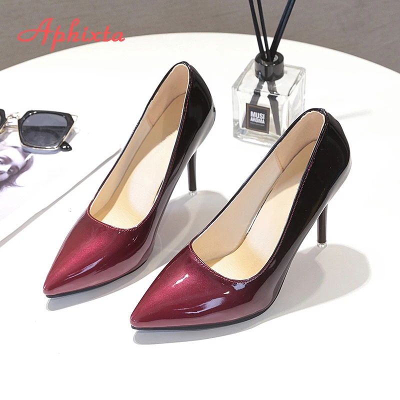 Aphixta Pointed Toe Women Thin Heel Shoes 10cm Heels Pointed Toe Patent Leather Wedding Party Shoes Woman Big Size 48