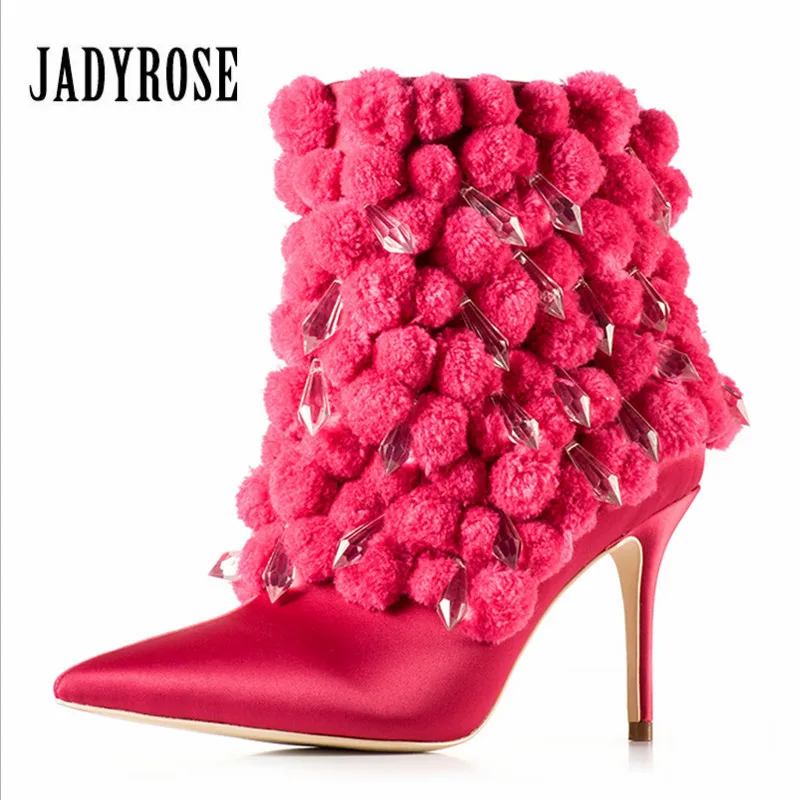 

Jady Rose 2019 New Cute Pom Pom Women Ankle Boots Pointed Toe Rhinestone Autumn Winter Botas Mujer Fashion Silk High Heel Shoes
