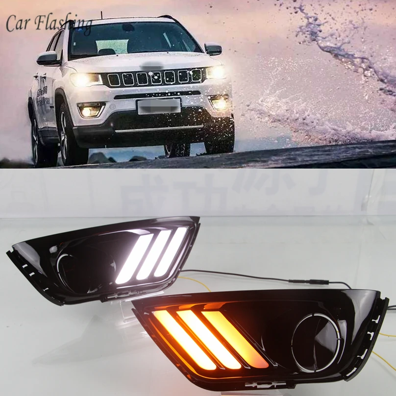 

Car Flashing 1 pair For Jeep Compass 2017 2018 LED DRL Daytime Running Light Daylight Waterproof yellow Signal lamp car-Styling