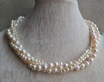

Wholesale Pearl Jewelry - 18 Inches 3-9MM White Color 4 Strands Genuine Freshwater Pearl Necklace, Fashion Lady's Jewelry.
