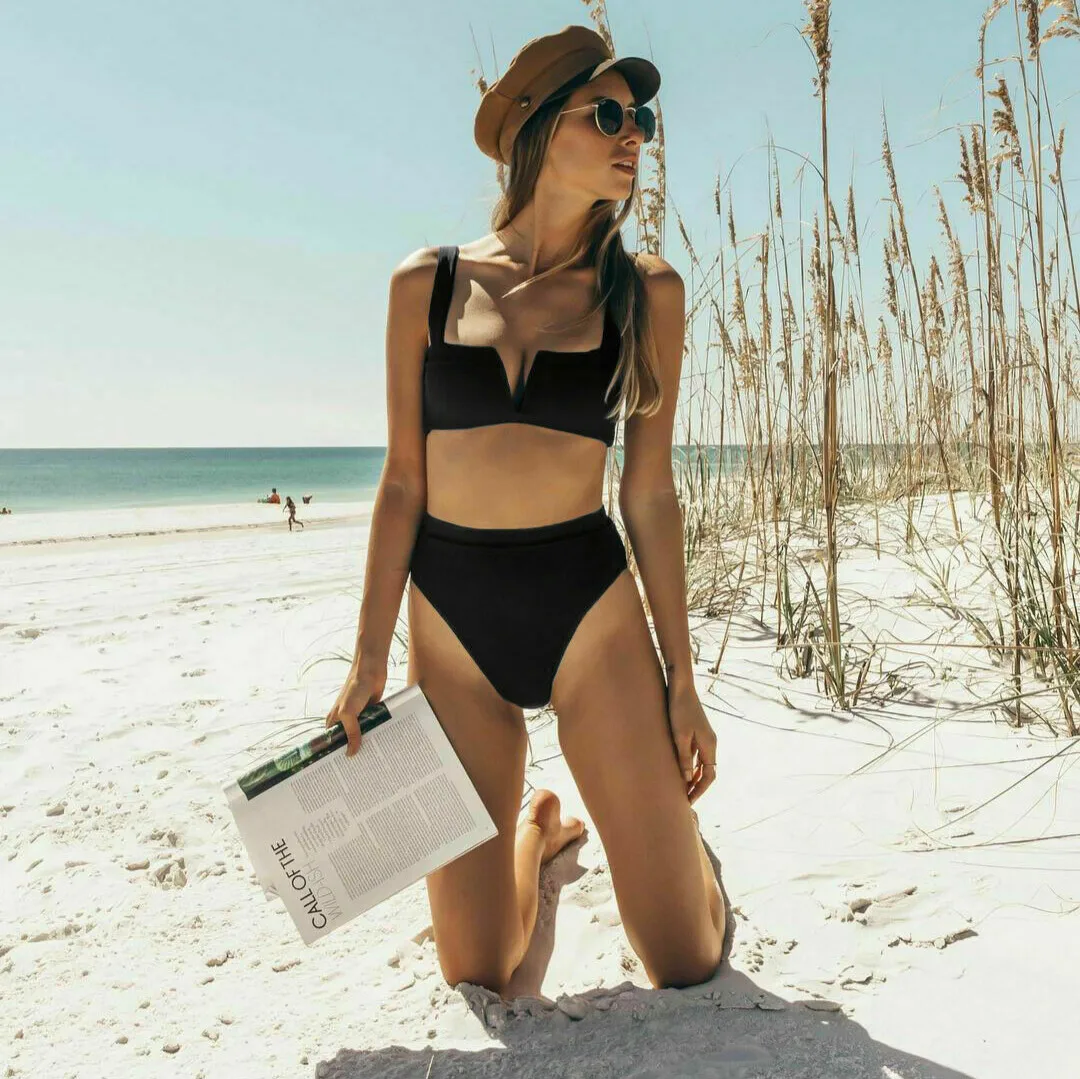 

Hot Sale Women Summer Solid Color High Waist Bikini Set Female V Neck Push Up Padded Swimsuit Beachwear Swimwear Bathing Outfits