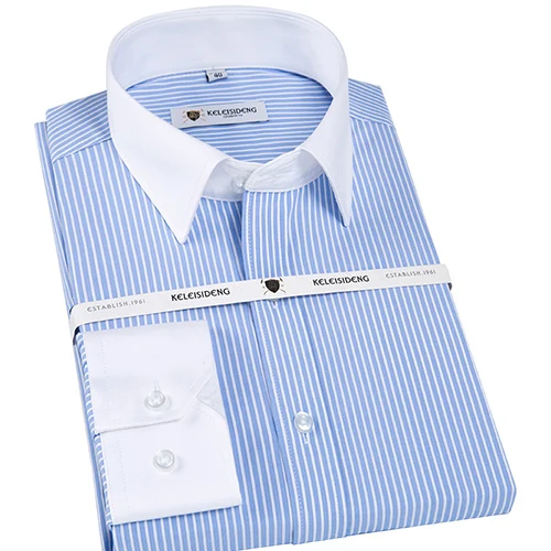 Для мужчин, стильные футболки с длинным рукавом, тонкая платье в полоску рубашка с контрастным воротником и манжетами-бабочка, деловой костюм для мальчиков, Бизнес стандартного кроя офисные рубашки для мальчиков - Цвет: Blue White Stripe