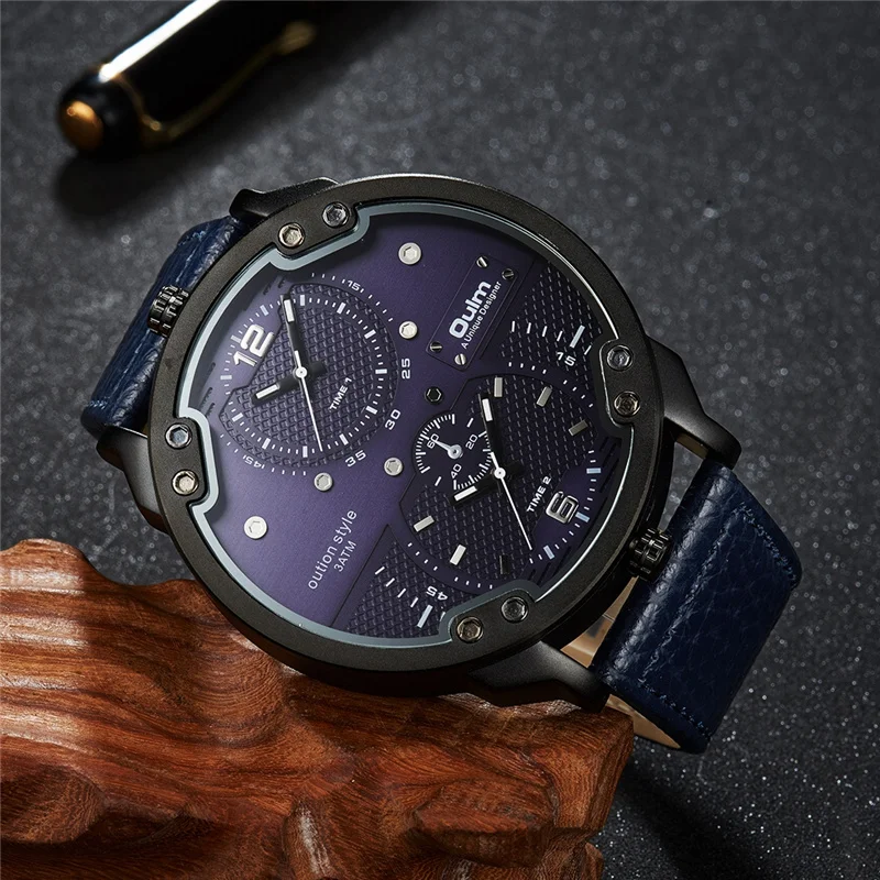 Oulm Роскошные брендовые большие мужские часы с двумя часовыми поясами мужские повседневные спортивные часы с большим циферблатом кожаные мужские наручные часы reloj hombre