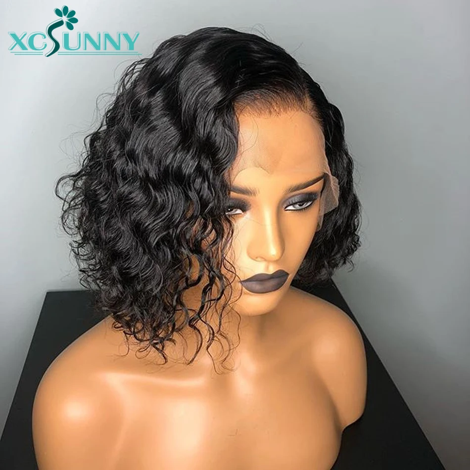

xcsunny 13x6 Curly Preplucked Lace Front Human Hair Wigs With Baby Hair Brazlian Remy Hair Wig Bleached Knots 130% Side Part