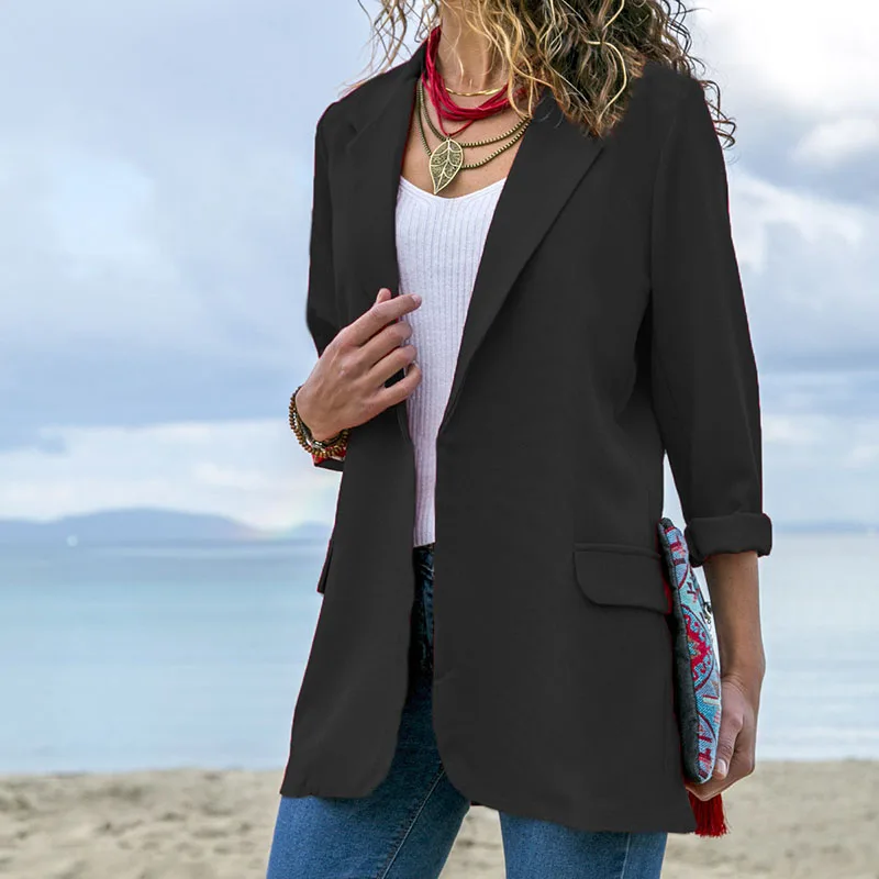 Casual Long open front ladies jackets and blazers Autumn Office laday basic long sleeve elegant business womens blazer coat 2019