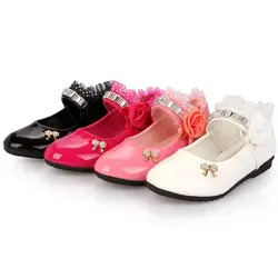 Новый Розовый Белый Черный Дети туфли принцессы детская обувь для девочек Цветы Луки со стразами для девочек кожаная обувь детская обувь