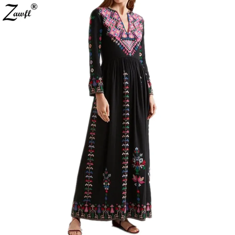 

High quality vintage embroidery tassel summer dress women vestidos black side split beach dress bohimian people long dress