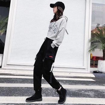 

Hip Hop Cargo Pants Women Casual Joggers Black High Waist Casual Female Trousers Harajuku Korean Ladies Pants With Side Pockets