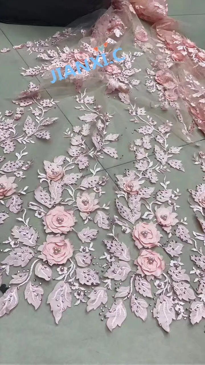 

High Quality 3d flower CiCi-7925 embroidered lace fabric 5yard with stones and beads African net Lace Fabric for wedding dress
