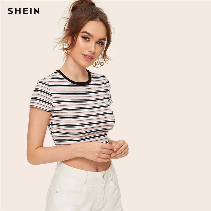 SHEIN футболка в полоску с контрастной лентой Женская Повседневная коротким