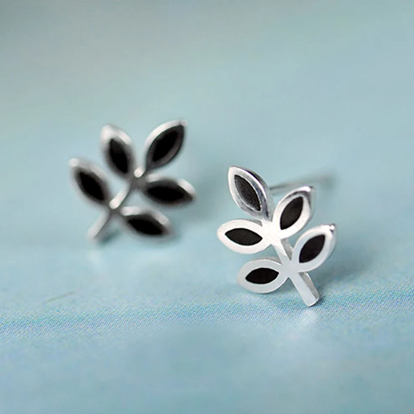 Kinitial 1Pair Trendy Jewelry 2017 Simple 925 Silver Fashion Small Black Leaves Stud Earrings For Women Femme Brincos Bijoux | Украшения и