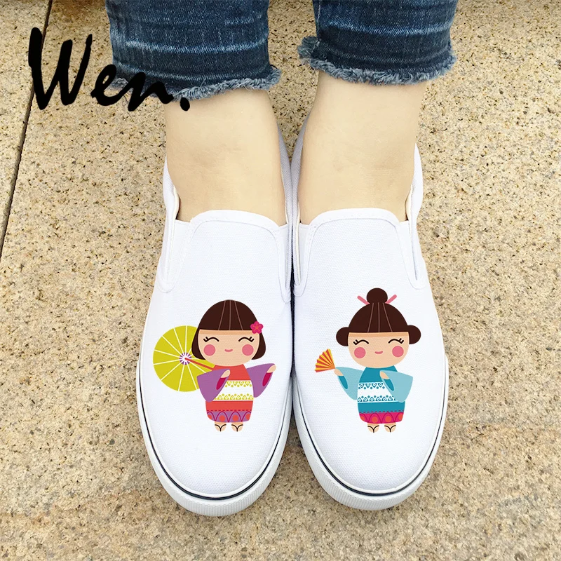 Wen Original Design Japanese Dolls Slip On Flats Women Shoes White Black Canvas Sneakers for Girl Ladies Footwear Low Plimsolls