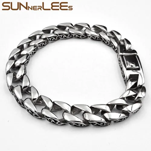 

SUNNERLEES Fashion Jewelry 316L Stainless Steel Bracelet Punk Huge Curb Cuban Link Chain For Mens Boys Gift SC10 B