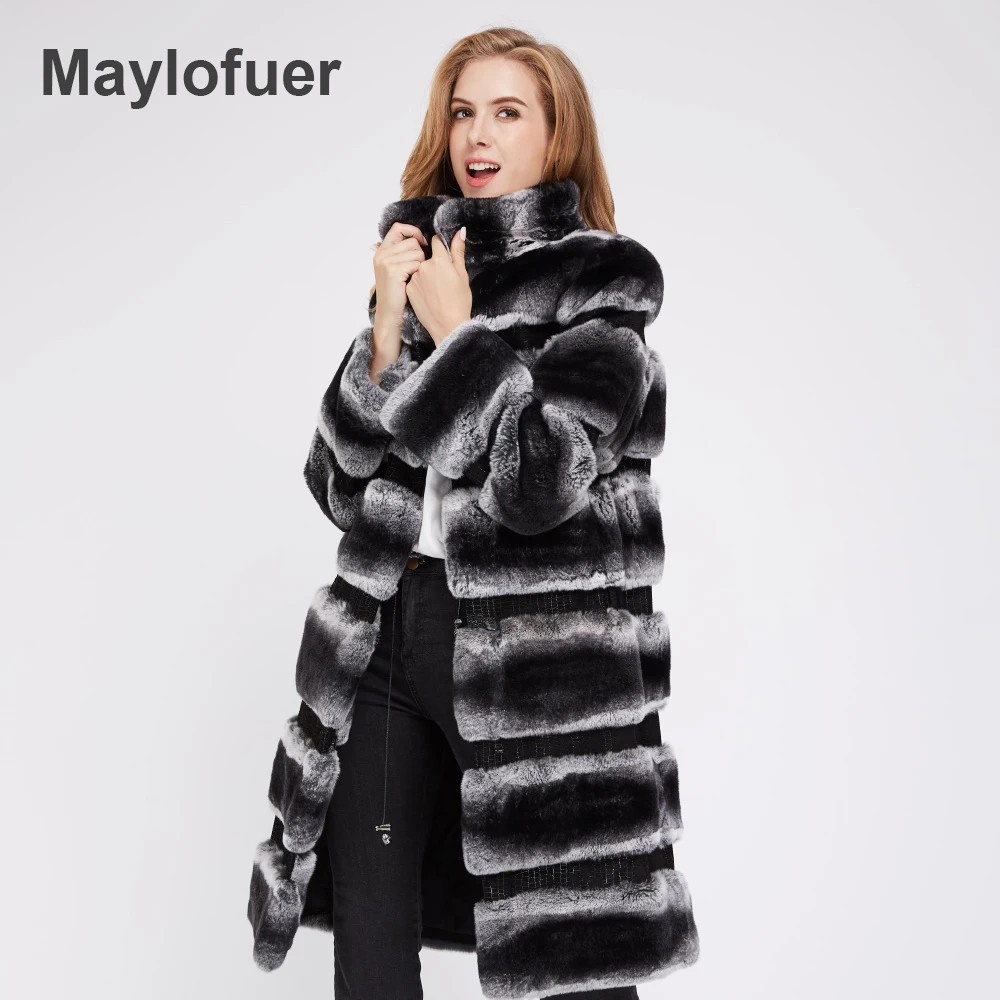 Maylofuer Длинное пальто Rex Rabbit Ms. Натуральный мех кролика Зимняя шуба из шиншиллы с