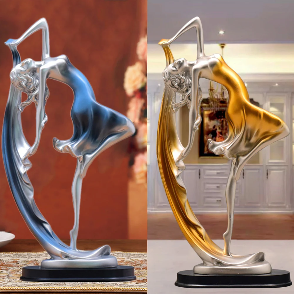 buy Resin Blue Golden Dancing Girl Statue Statuettes Crafts Wine Cabinet Fairy Angel with Ribbon Creative Novelty Birthday Wedding