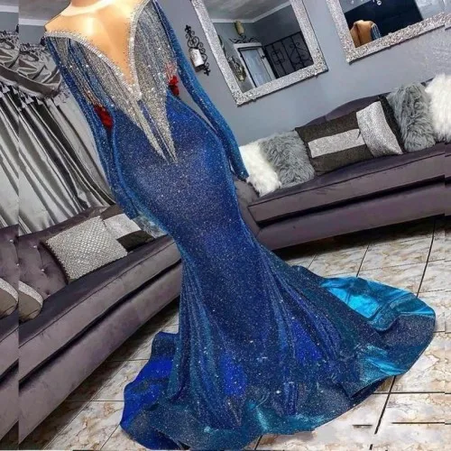Великолепные вечерние платья темно-синего цвета с v-образным вырезом и кристаллами, женские платья в арабском стиле, вечерние платья, vestido de festa - Цвет: Тёмно-синий