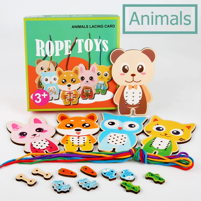 

Rope Toys Wooden Puzzles Board Weave Toy Baby 3D Cartoon Wooden Early Education Kids Games Stringing Beading >3 Year Old