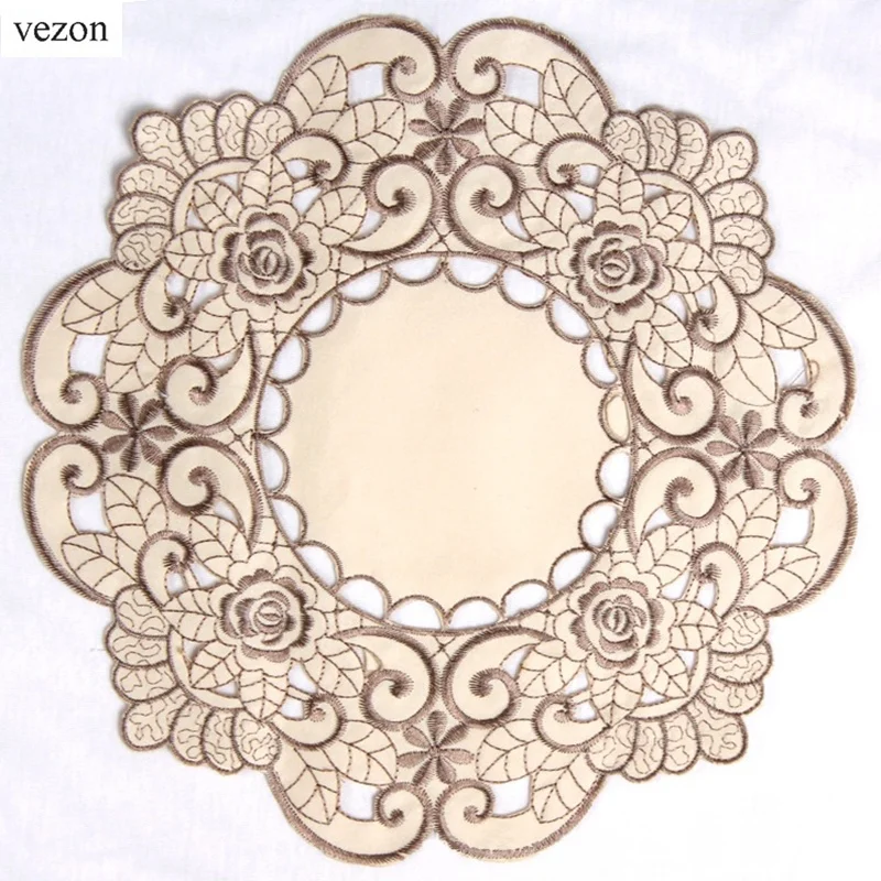 

vezon New Hot Round Elegant Polyester Floral Solid Color Embroidery Placemat Delicate Tablecloth Embroidered Tissue Box Covers