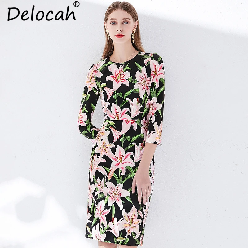 

Delocah New Women Spring Summer Dress Runway Fashion Designer 3/4 Sleeve Floral Printed Elegant Vintage Ladies Vacation Dresses