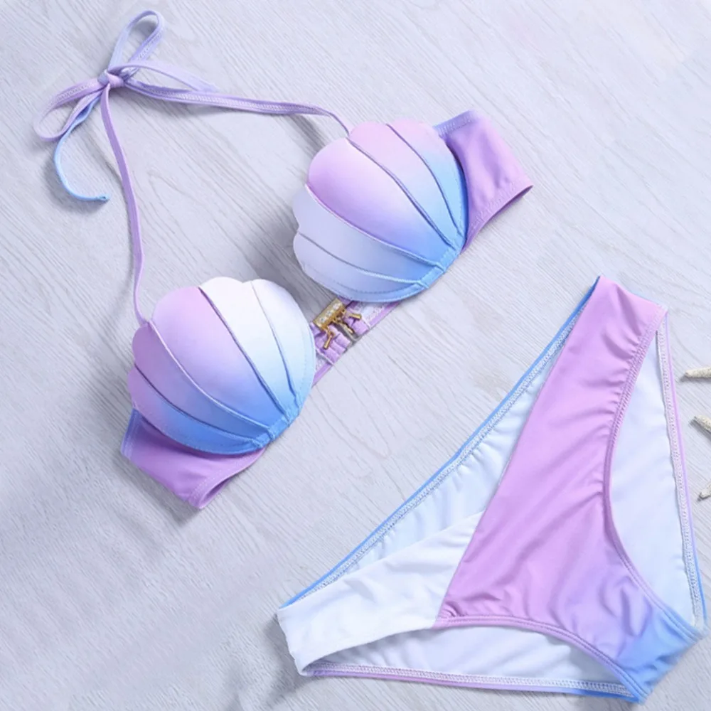 Mermaid Shell Bra Design Two-Piece Suit Swimwear Gradient Color Beachwear Sexy Bikinis Set Swimsuit Biquini Maillot De Bain