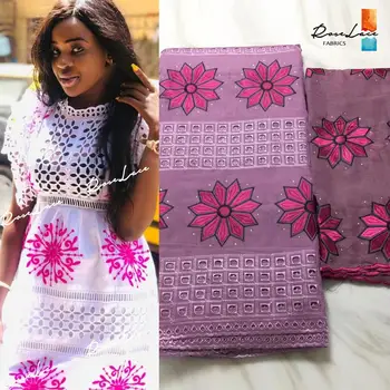 

2109 Latest Nigerian Cotton Lace Fabric With Stons 5+2 Yards African Flower Perforated Embroidery Rhinestones Indian Women Laces