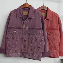 Новые модные короткие джинсовые куртки женские с длинным рукавом корейские однотонные повседневные джинсы с широкой талией пальто розовый фиолетовый