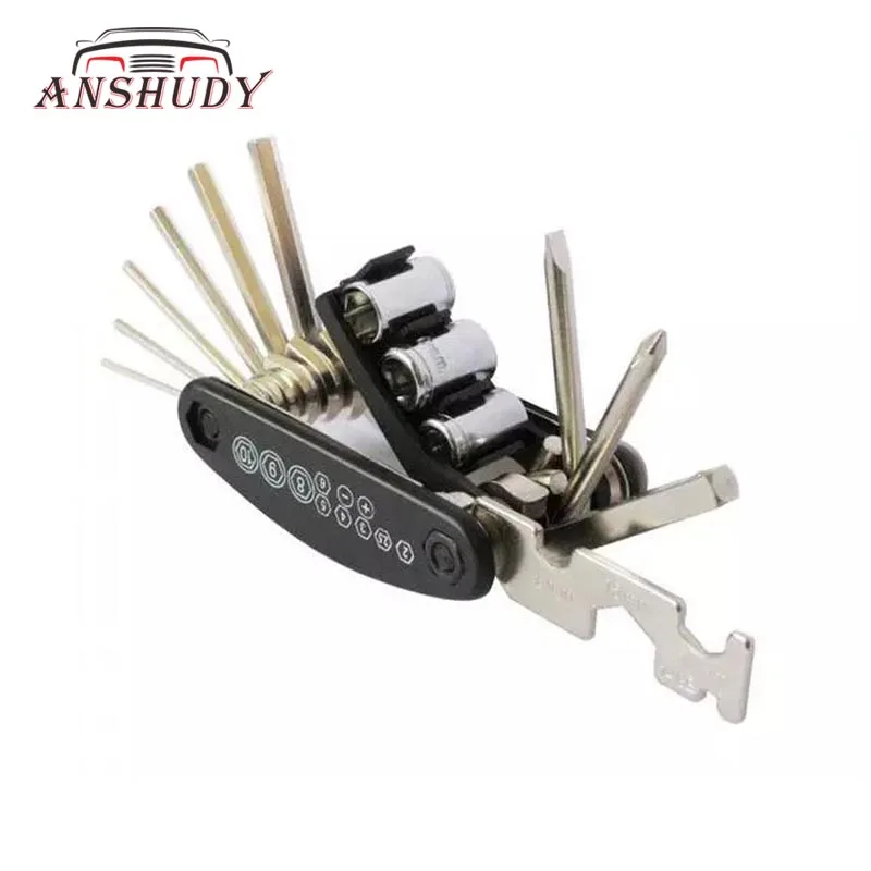 

Motorcycle Multifunctional Repair Tools Inner Outer Hex Wrench Screwdriver Socket Spoke Wrench Combination Equipment 15-in-1