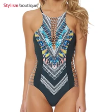 Этнический женский купальник с рисунком погружающийся шеи купальный костюм бандаж Цельный купальник сексуальный Монокини боди трикини