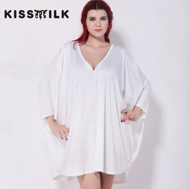 

KISSMILK plus size western style fashion loose solid color half sleeve batwing sleeve Large Size 3XL-6XL woman's Casual dress